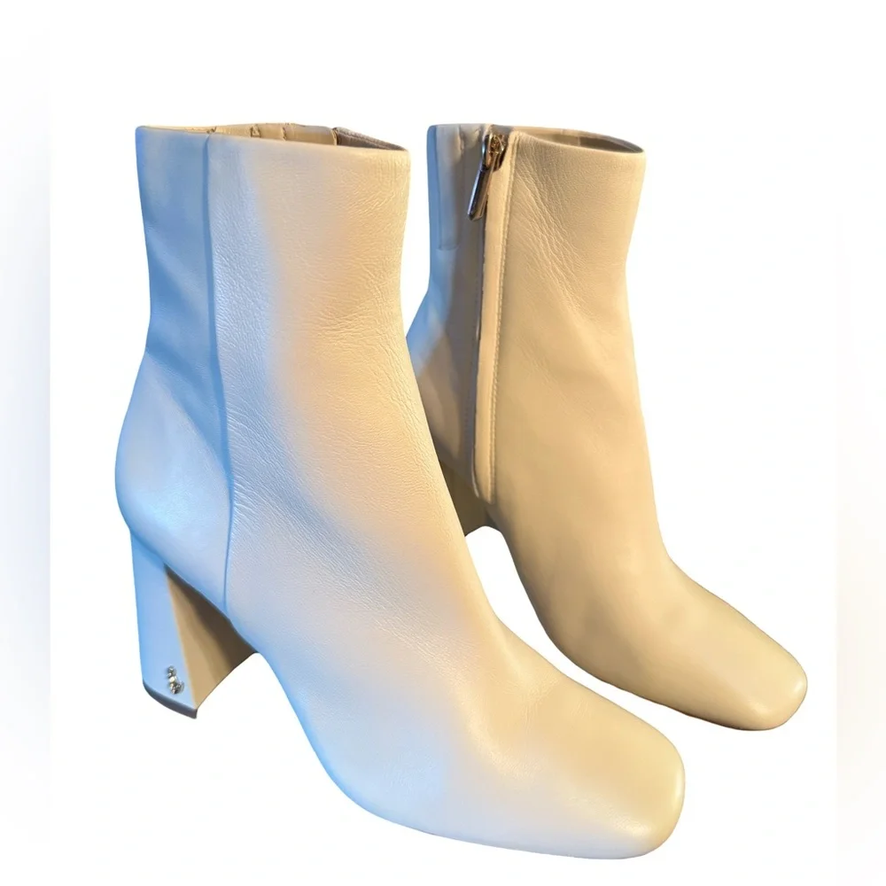 Sam Edelman NWT Sz 6.5 Sleek Codie Leather Ivory Block Heel Ankle Boots (SH170) - Picture 3 of 11